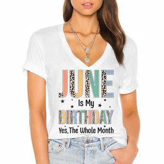 June Is My Birthday Yes The Whole Month Leopard June Bday Women's Jersey Short Sleeve Deep V-Neck Tshirt - Seseable
