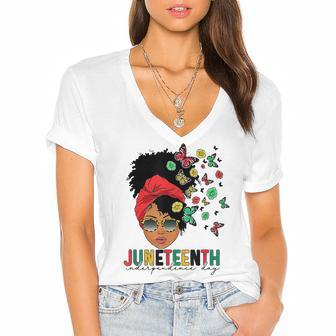 Junenth Is My Independence Day Black Queen And Butterfly Women's Jersey Short Sleeve Deep V-Neck Tshirt | Mazezy