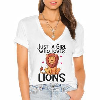 Just A Girl Who Loves Lions Cute Lion Animal Costume Lover Women's Jersey Short Sleeve Deep V-Neck Tshirt | Mazezy