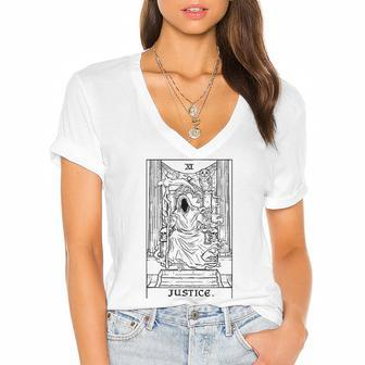 Justice Tarot Card Grim Reaper Halloween Horror Occult Goth Women's Jersey Short Sleeve Deep V-Neck Tshirt | Mazezy