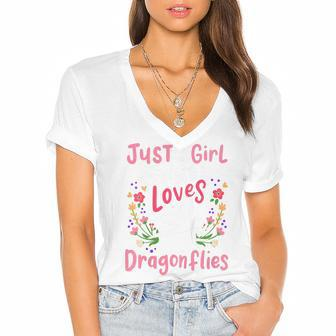 Kids Dragonfly Just A Girl Who Loves Dragonflies Women's Jersey Short Sleeve Deep V-Neck Tshirt - Seseable