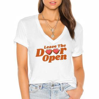 Leave The Door Open Heart Glasses Women's Jersey Short Sleeve Deep V-Neck Tshirt | Mazezy