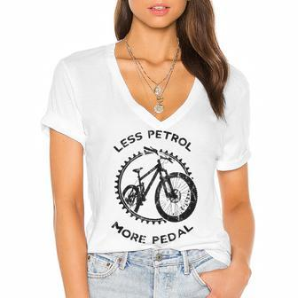 Less Petrol More Pedal Mountain Biking Women's Jersey Short Sleeve Deep V-Neck Tshirt | Mazezy