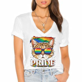 Lgbt Cat Gay Pride Lgbtq Rainbow Flag Sunglasses Women's Jersey Short Sleeve Deep V-Neck Tshirt | Mazezy