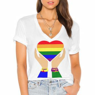 Lgbt Pride Month Lgbt History Month Slogan Shirt Heart Women's Jersey Short Sleeve Deep V-Neck Tshirt - Monsterry AU