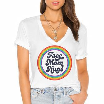 Lgbtq Free Mom Hugs Gay Pride Lgbt Ally Rainbow Lgbt Women's Jersey Short Sleeve Deep V-Neck Tshirt | Mazezy