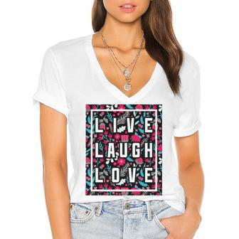 Live Laugh Love Inspiration Cool Motivational Floral Quotes Women's Jersey Short Sleeve Deep V-Neck Tshirt | Mazezy