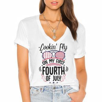 Lookin Fly On My First Fourth Of July Baby 4Th Of July T-Shirt Women's Jersey Short Sleeve Deep V-Neck Tshirt - Seseable