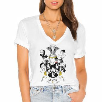 Lyons Coat Of Arms - Family Crest Women's Jersey Short Sleeve Deep V-Neck Tshirt | Mazezy