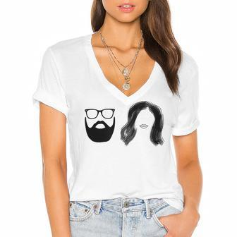 Man With Beard And Glasses With Woman Wavy Hair Women's Jersey Short Sleeve Deep V-Neck Tshirt - Monsterry UK