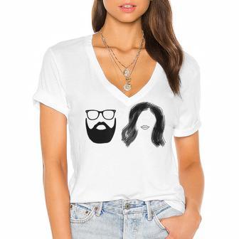 Man With Beard And Glasses With Woman Wavy Hair Women's Jersey Short Sleeve Deep V-Neck Tshirt | Favorety CA