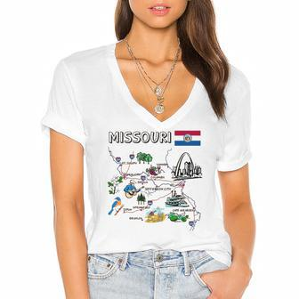 Map Of Missouri Landmarks Major Cities Roads Flag Women's Jersey Short Sleeve Deep V-Neck Tshirt | Mazezy
