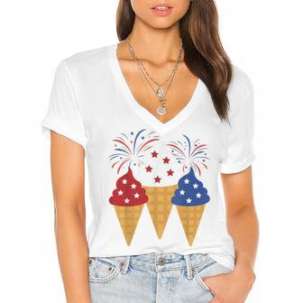 Memorial Day 4Th Of July Holiday Patriotic Ice Cream Women's Jersey Short Sleeve Deep V-Neck Tshirt - Monsterry