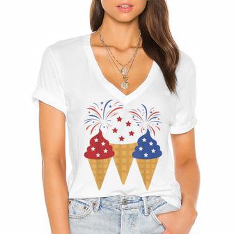 Memorial Day 4Th Of July Holiday Patriotic Ice Cream Women's Jersey Short Sleeve Deep V-Neck Tshirt | Favorety AU