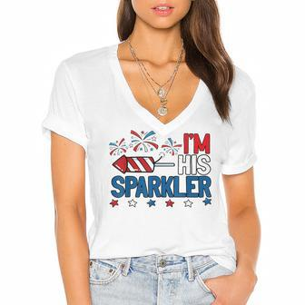 Mens Im His Sparkler Funny 4Th Of July Matching Couples For Her Women's Jersey Short Sleeve Deep V-Neck Tshirt - Seseable