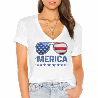 Merica Patriotic Usa Flag Sunglusses 4Th Of July Usa Women's Jersey Short Sleeve Deep V-Neck Tshirt - Seseable