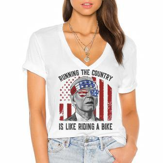 Merry 4Th Of July Joe Biden Falling Off His Bicycle Funny Women's Jersey Short Sleeve Deep V-Neck Tshirt - Seseable