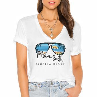 Miami South Beach Florida Palm Tree Sunglasses Souvenir Women's Jersey Short Sleeve Deep V-Neck Tshirt | Mazezy