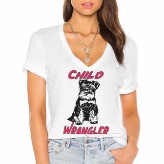 Miniature Schnauzer At Home Child Wrangler Multi Tasking Dog Women's Jersey Short Sleeve Deep V-Neck Tshirt | Favorety