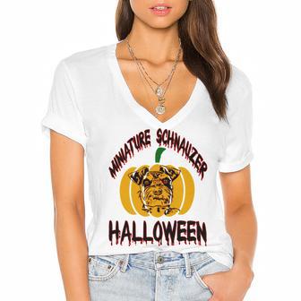 Miniature Schnauzer Halloween On All Hallows Night Women's Jersey Short Sleeve Deep V-Neck Tshirt | Favorety CA