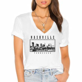 Nashville Tennessee Vintage Skyline Country Music City Women's Jersey Short Sleeve Deep V-Neck Tshirt | Mazezy