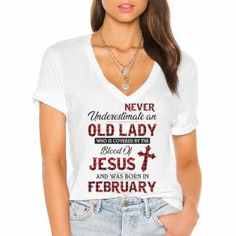 Never Underestimate An Old Lady Who Is Covered By February Women's Jersey Short Sleeve Deep V-Neck Tshirt | Mazezy
