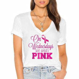 On Wednesdays We Wear Pink Breast Cancer Awareness Raglan Baseball Tee Women's Jersey Short Sleeve Deep V-Neck Tshirt | Mazezy