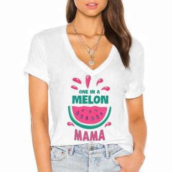 One In A Melon Mama Watermelon Funny Family Matching Mothers Day Women's Jersey Short Sleeve Deep V-Neck Tshirt | Mazezy