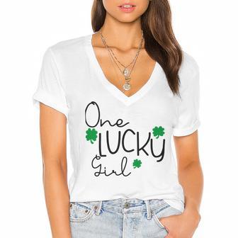 One Lucky Girl Funny St Patrick Day Women's Jersey Short Sleeve Deep V-Neck Tshirt | Favorety