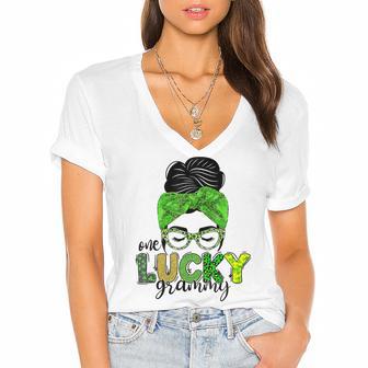 One Lucky Grammy Life Messy Bun St Patricks Day Irish Women's Jersey Short Sleeve Deep V-Neck Tshirt | Favorety