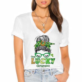 One Lucky Grammy Messy Bun Leopard St Patricks Day Women's Jersey Short Sleeve Deep V-Neck Tshirt | Favorety UK