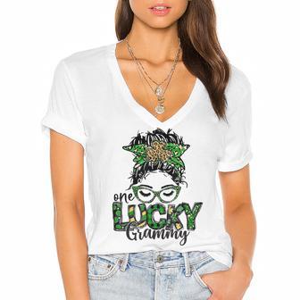 One Lucky Grammy St Patricks Day Messy Bun Leopard Women's Jersey Short Sleeve Deep V-Neck Tshirt | Favorety DE