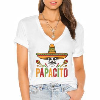 Papacito Funny Mexican Skull Cinco De Mayo Women's Jersey Short Sleeve Deep V-Neck Tshirt | Mazezy
