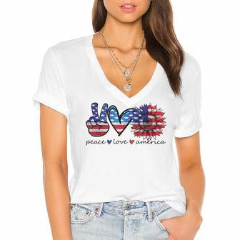 Peace Love America Flag Sunflower 4Th Of July Memorial Day Women's Jersey Short Sleeve Deep V-Neck Tshirt - Seseable