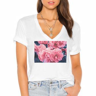 Pink Roses In Garden Women's Jersey Short Sleeve Deep V-Neck Tshirt | Favorety CA