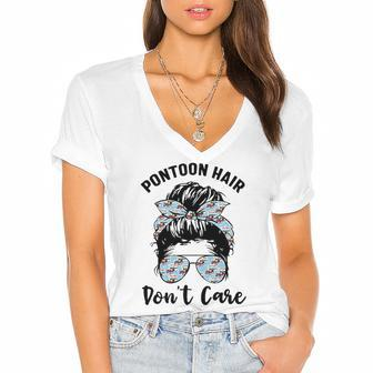 Pontoon Captain Boating Pontoon Hair Dont Care Messy Bun Women's Jersey Short Sleeve Deep V-Neck Tshirt | Mazezy