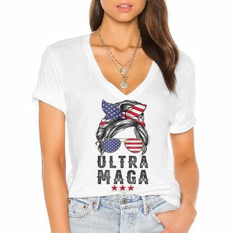 Pro Trump Ultra Mega Messy Bun V2 Women's Jersey Short Sleeve Deep V-Neck Tshirt | Mazezy