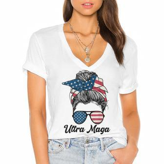 Pro Trump Ultra Mega Messy Bun Women's Jersey Short Sleeve Deep V-Neck Tshirt - Seseable