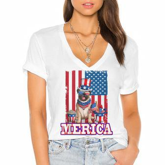 Pug Dad Mom 4Th Of July American Flag Merica Dog Women's Jersey Short Sleeve Deep V-Neck Tshirt - Seseable