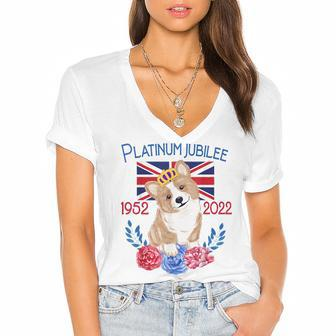 Queens Platinum Jubilee 2022 British Monarch Queen Corgi Women's Jersey Short Sleeve Deep V-Neck Tshirt | Mazezy