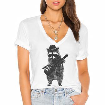 Raccoon Wielding Ukulele Women's Jersey Short Sleeve Deep V-Neck Tshirt | Favorety DE