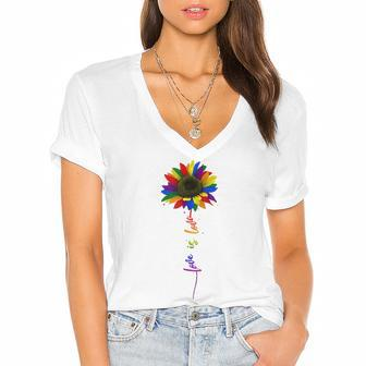 Rainbow Sunflower Love Is Love Lgbt Gay Lesbian Pride Women's Jersey Short Sleeve Deep V-Neck Tshirt | Mazezy