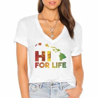 Rasta Colored Hi For Life Hawaii Palm Tree Tee Women's Jersey Short Sleeve Deep V-Neck Tshirt | Mazezy