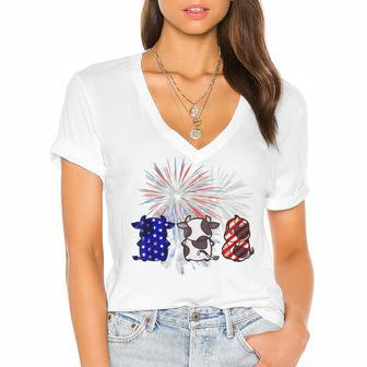 Red White Blue Cow Fireworks Patriotic 4Th Of July Women's Jersey Short Sleeve Deep V-Neck Tshirt - Seseable