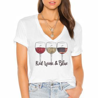 Red Wine & Blue 4Th Of July Wine Red White Blue Wine Glasses V2 Women's Jersey Short Sleeve Deep V-Neck Tshirt | Mazezy