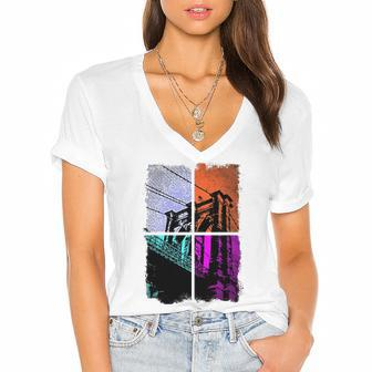 Retro Brooklyn Bridge Nyc Vintage Distressed Women's Jersey Short Sleeve Deep V-Neck Tshirt | Mazezy