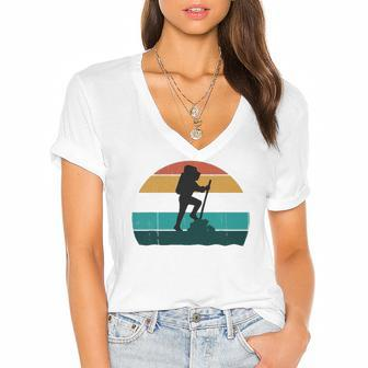 Retro Hiker Vintage Sunset Hiking Explorer Climber Gift Women's Jersey Short Sleeve Deep V-Neck Tshirt | Mazezy