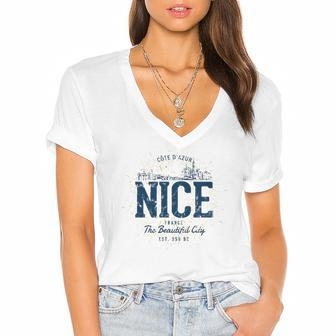 Retro Style Vintage Nice France Women's Jersey Short Sleeve Deep V-Neck Tshirt | Mazezy