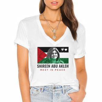 Rip Shireen Abu Akleh Palestine Women Palestinian Flag Women's Jersey Short Sleeve Deep V-Neck Tshirt | Mazezy