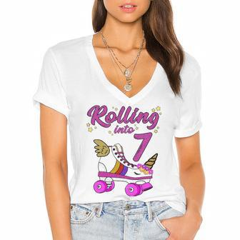 Rolling Into 7Th Birthday Unicorn Roller Skate Party Women's Jersey Short Sleeve Deep V-Neck Tshirt | Mazezy